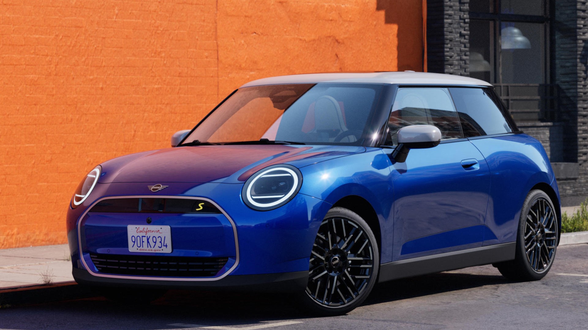 Blue MINI Electric aerial view